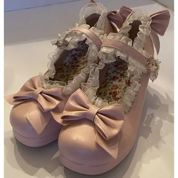 Lolita Womens Mary Janes Pump Shoes Bowknot T-Strap Block Heel Lace - Size 34 - Picture 1 of 8